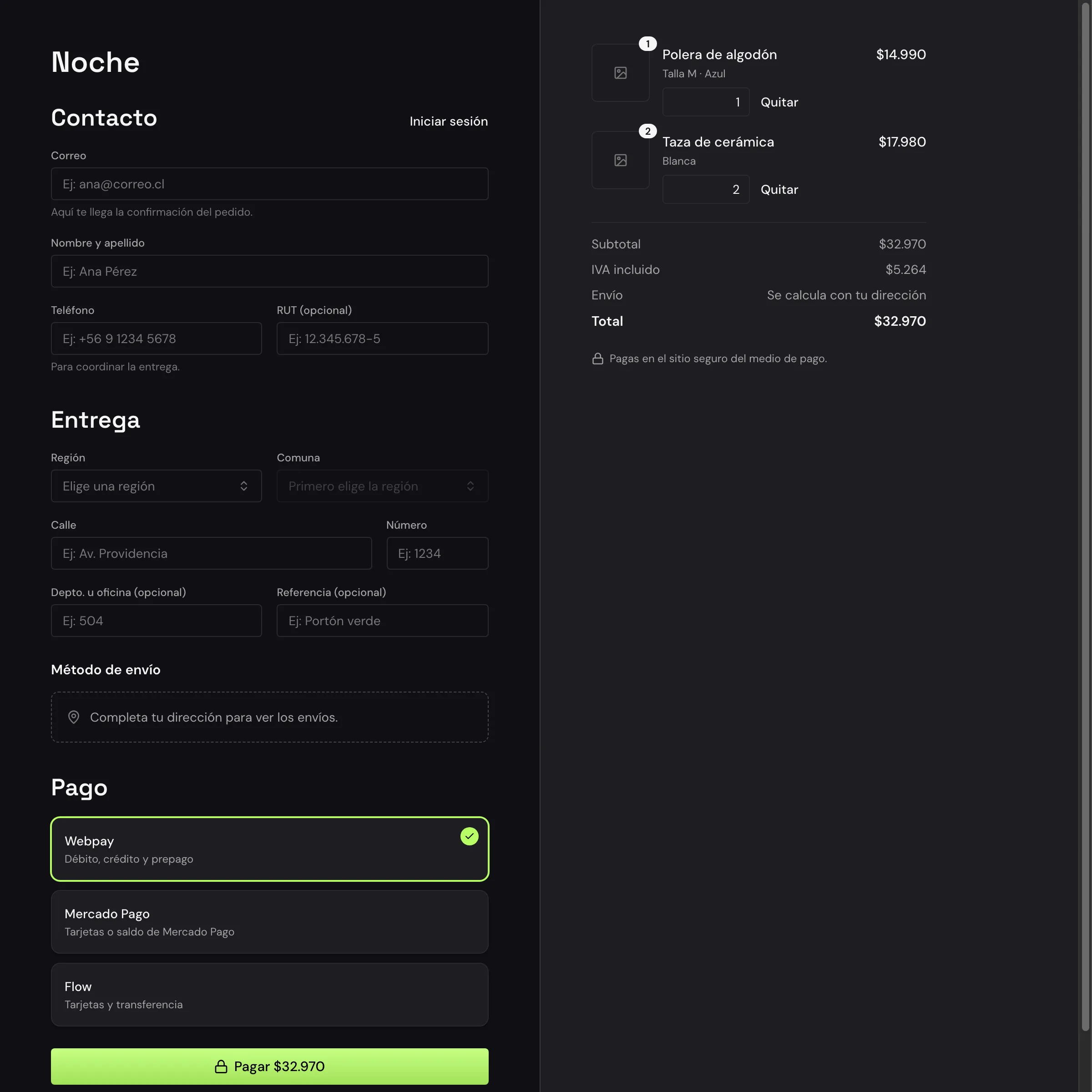 Checkout de la tienda Noche con su propio tema: contacto, entrega, pago y resumen del pedido