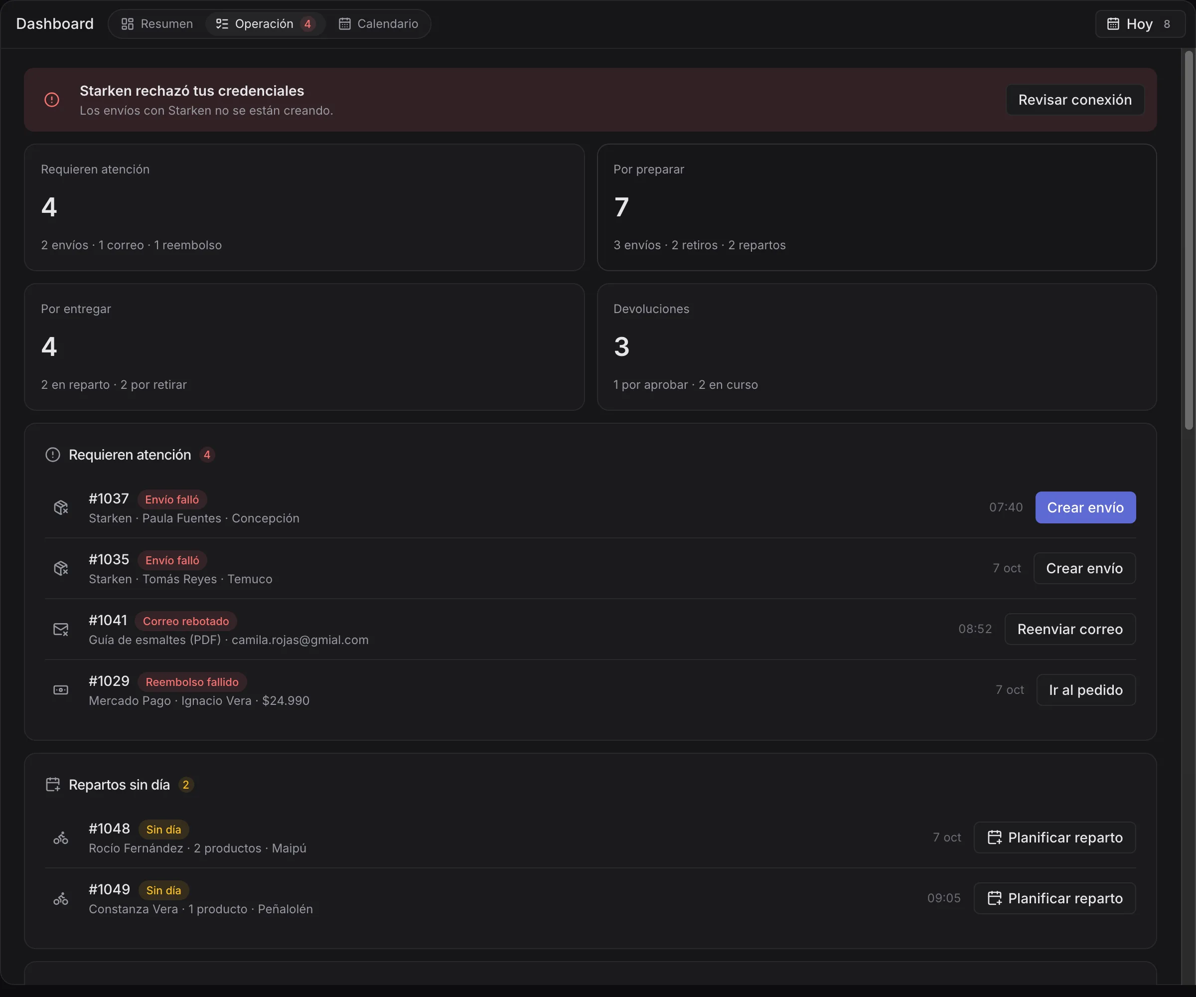 Pestaña Operación del dashboard de bui: lo que requiere atención, por preparar, por entregar y repartos sin día