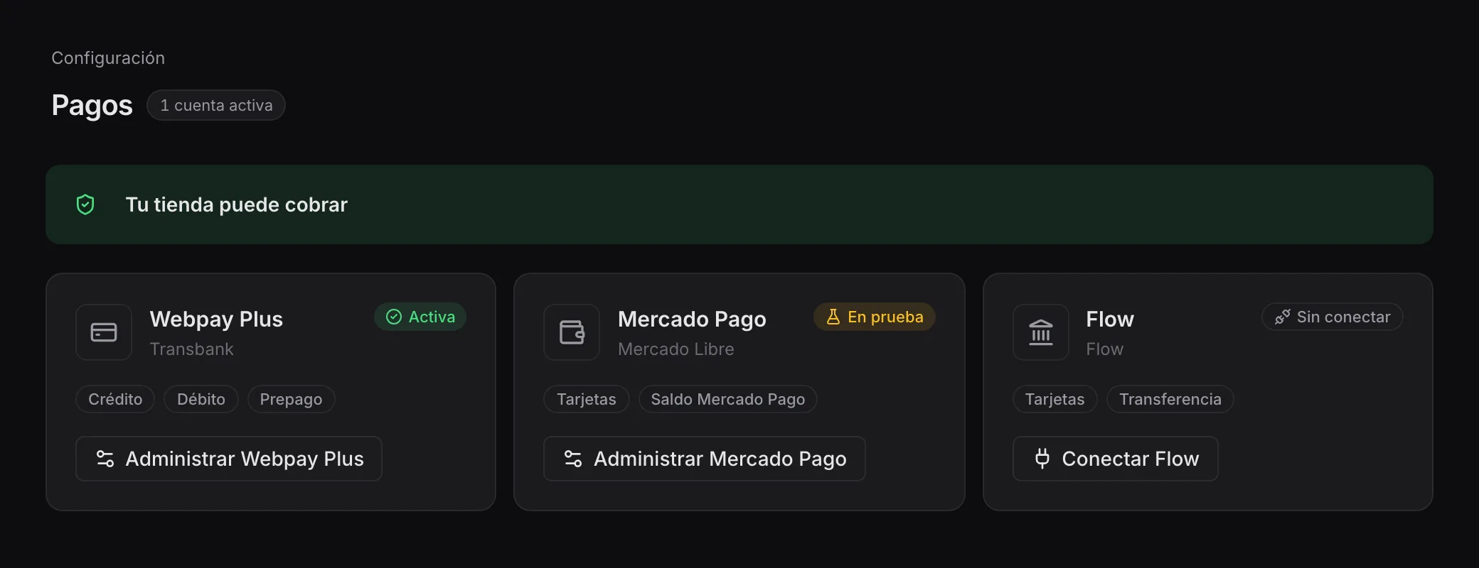 Pantalla de pagos de bui con Webpay Plus activo, Mercado Pago en prueba y Flow sin conectar
