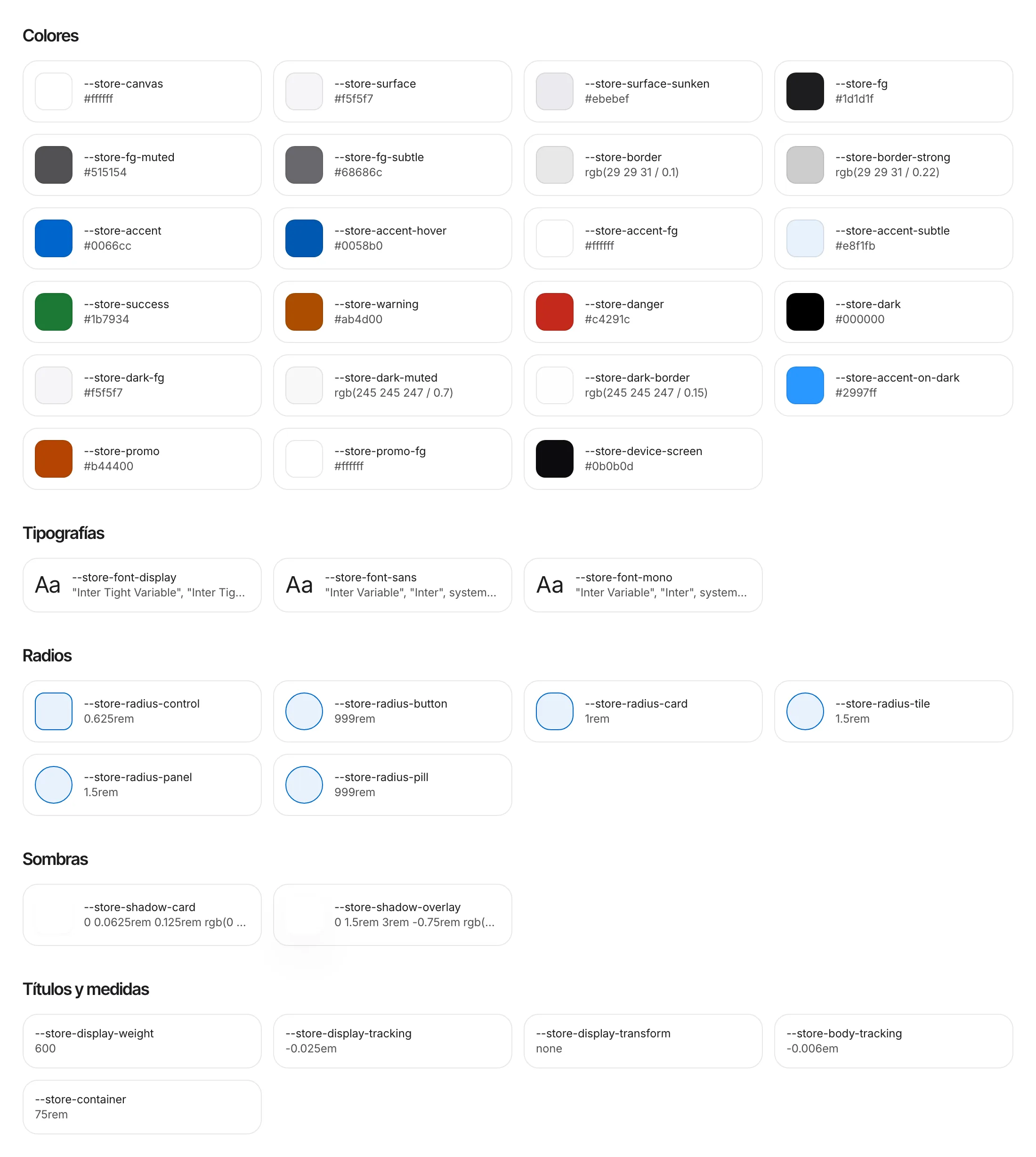 Variables de diseño del tema Tec con la marca NovaStore: colores, tipografías, radios y sombras