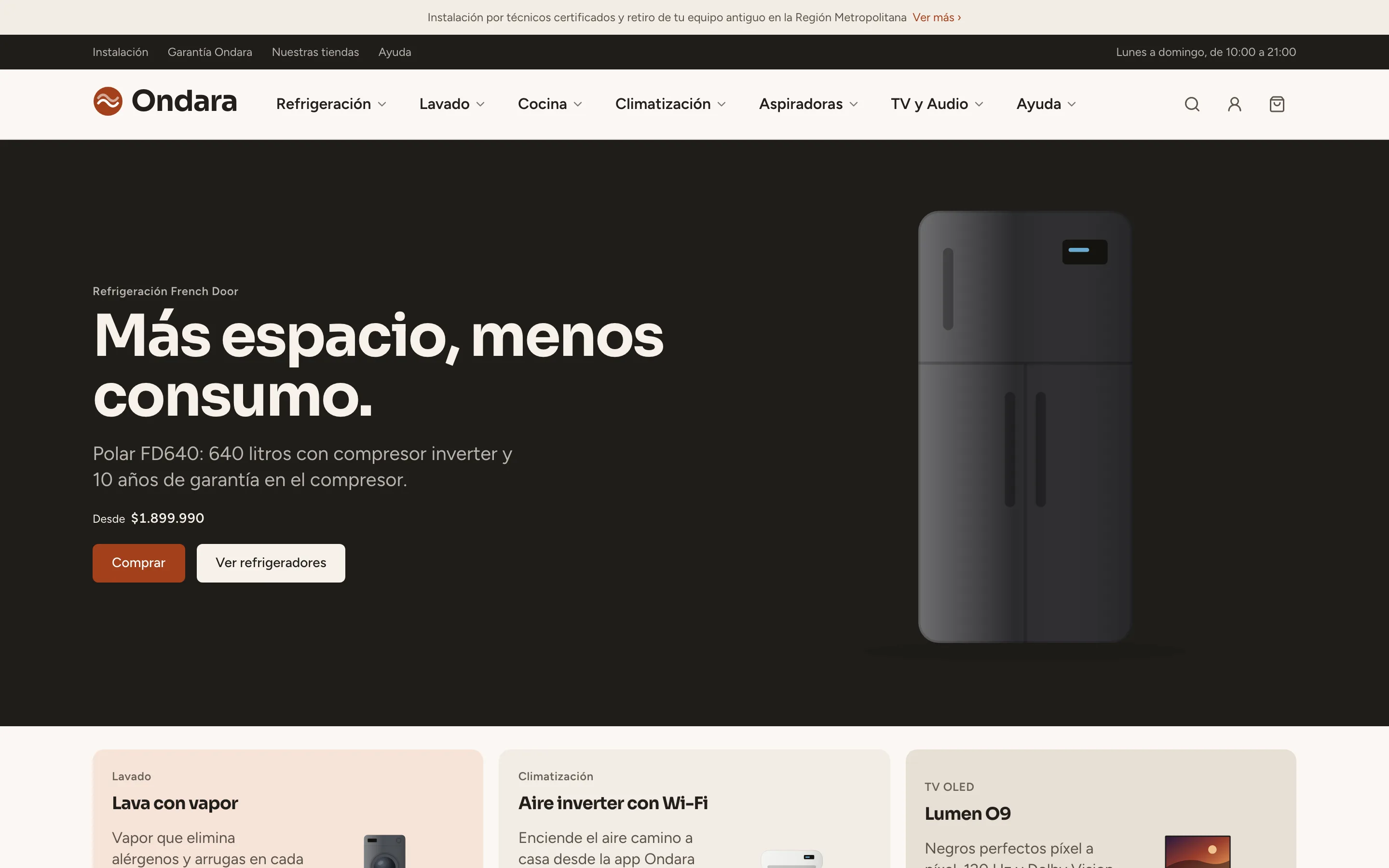 Página de inicio de Ondara Home, tienda de ejemplo del tema Tec