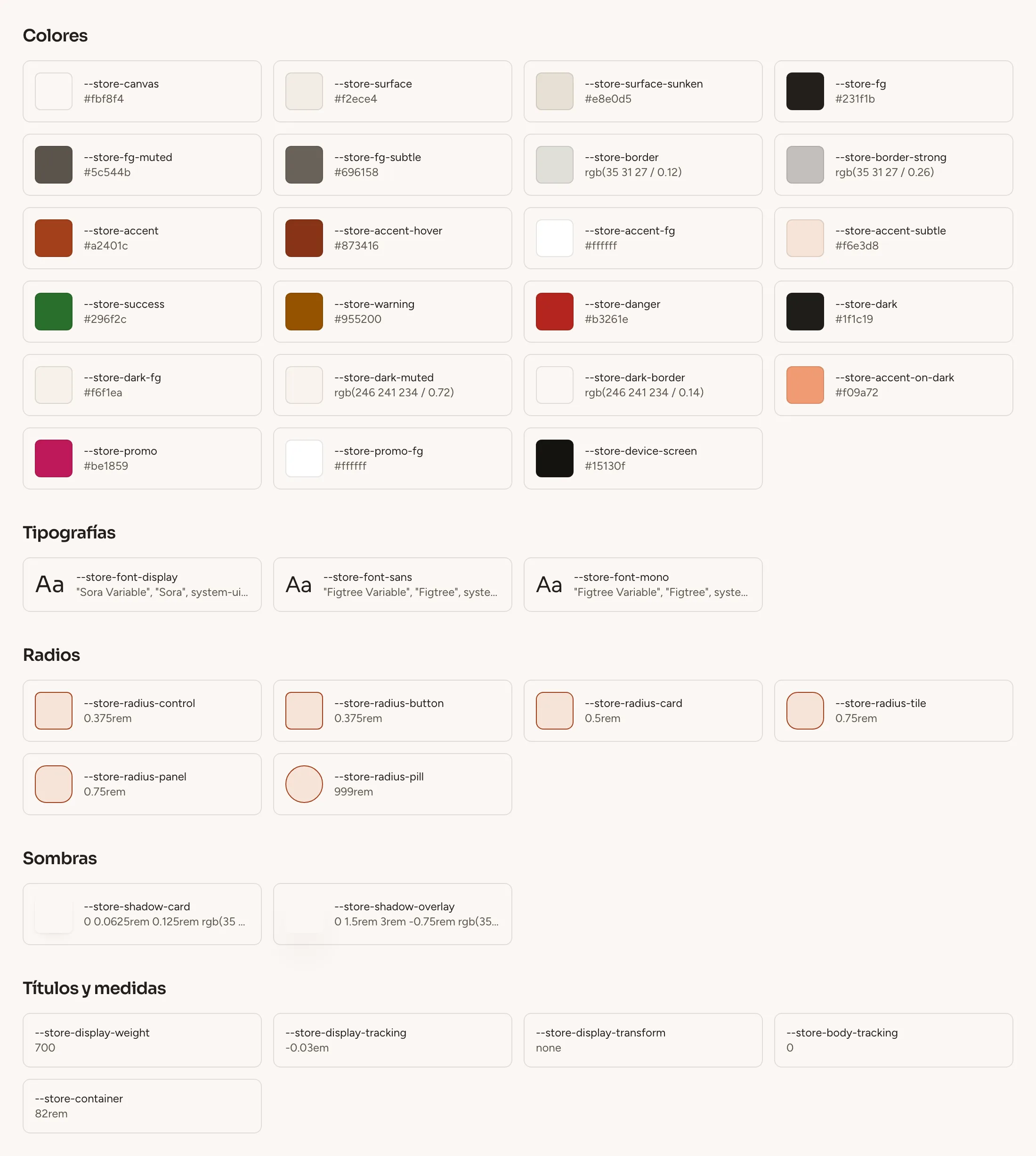 Variables de diseño del tema Tec con la marca Ondara Home: colores, tipografías, radios y sombras