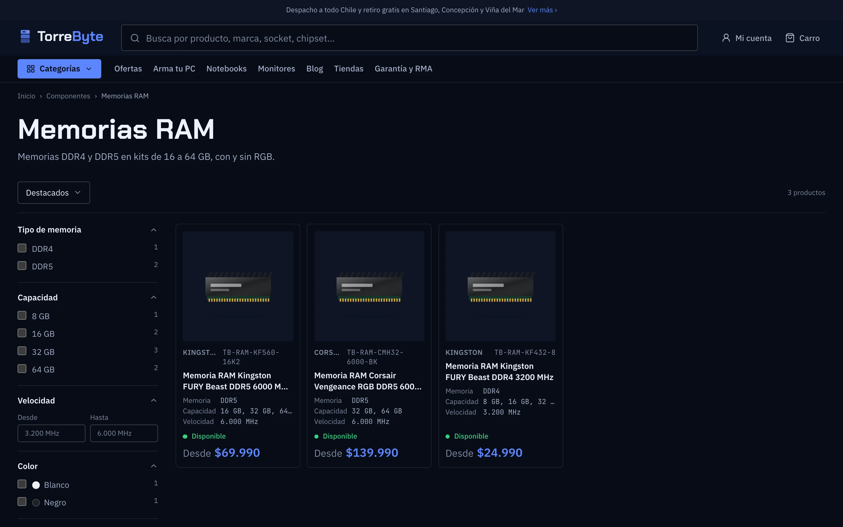 Tema Tec en la tienda de ejemplo TorreByte: memorias RAM con filtros por tipo de memoria, capacidad, velocidad y color