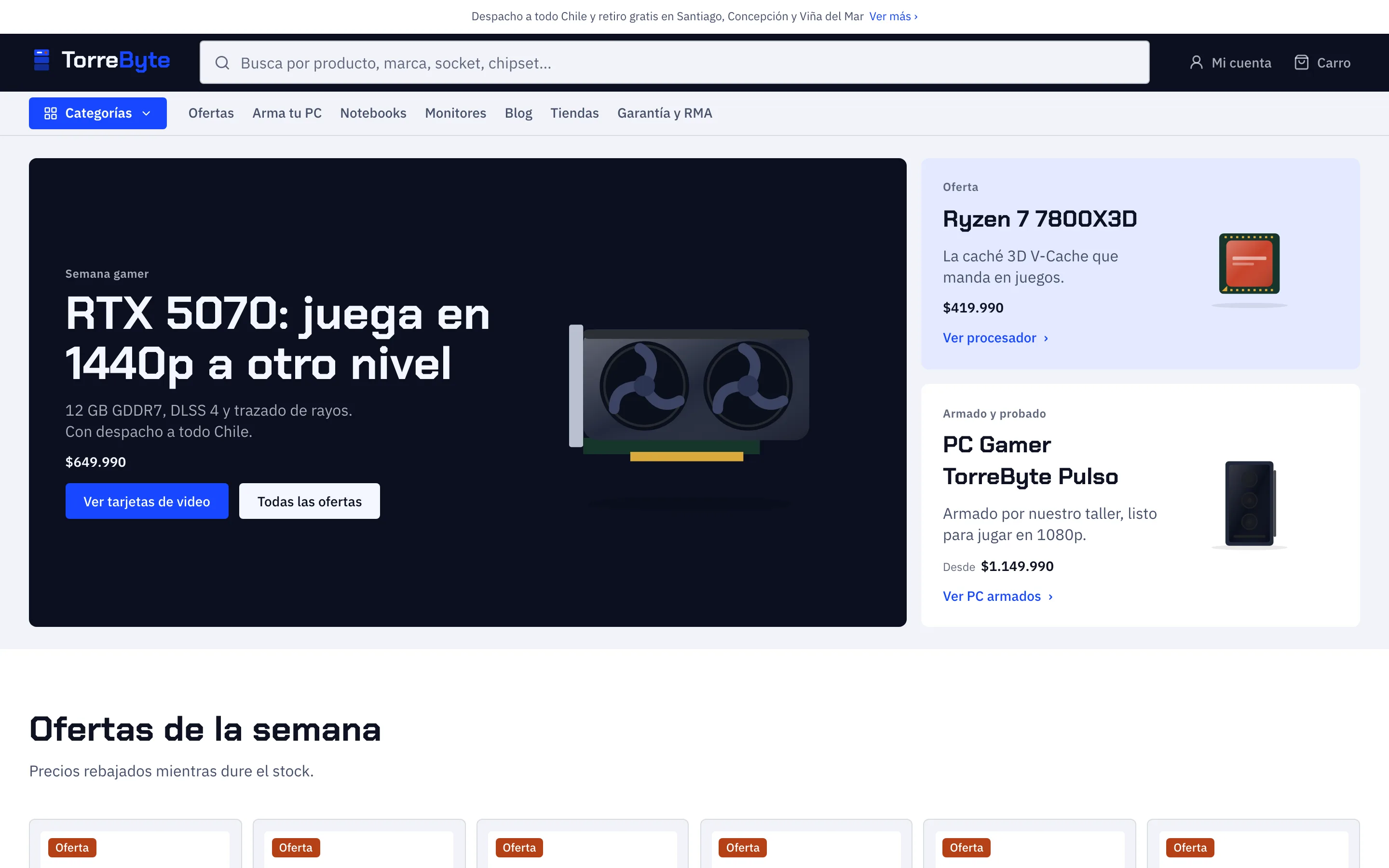 Página de inicio de TorreByte, tienda de ejemplo del tema Tec